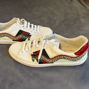 Gucci White Sneakers with Red and Green Dragon Embroidery